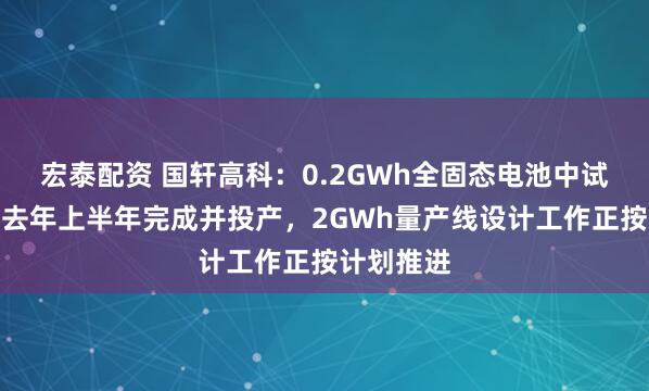 宏泰配资 国轩高科：0.2GWh全固态电池中试产线已于去年上半年完成并投产，2GWh量产线设计工作正按计划推进